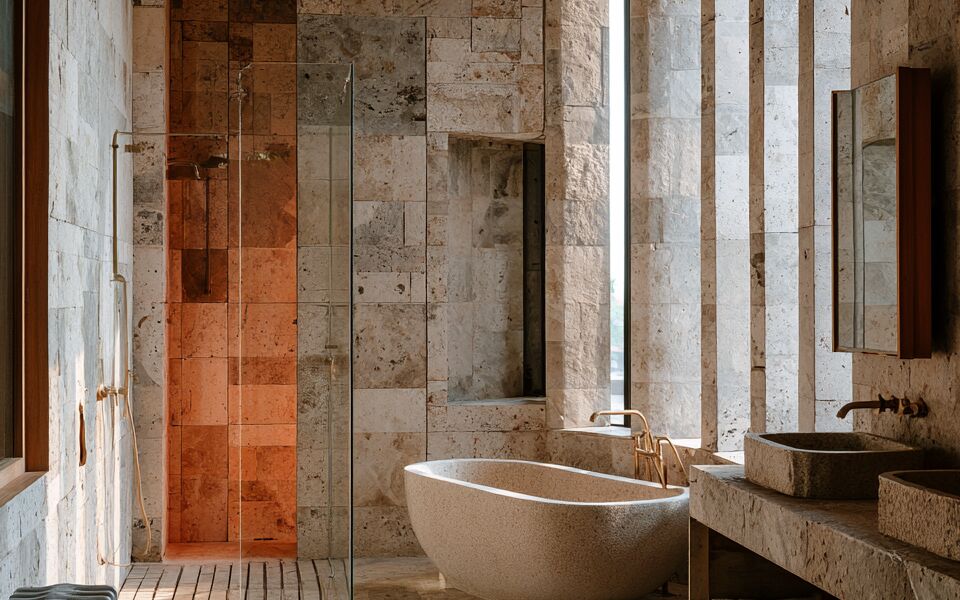 Salle de bains d'exception en pierre, baignoire îlot — illustration